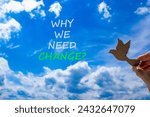 Small photo of Why we need change symbol. Concept words Why we need change. Beautiful blue sky cloud background. Voter hand with wooden bird. Business and why we need change concept. Copy space.