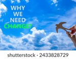 Small photo of Why we need change symbol. Concept words Why we need change. Beautiful blue sky cloud background. Voter hand with wooden bird. Business and why we need change concept. Copy space.