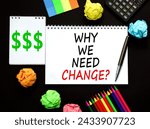 Small photo of Why we need change symbol. Concept words Why we need change on beautiful white note. Beautiful black table black background. Calculator. Business and why we need change concept. Copy space.