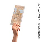 Small photo of Woman hand holding tourist map, guide isolated on white background. Travelling, going to trip, visiting places of interests, attractions concept. High quality photo