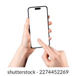 Small photo of Lodz, Poland February 07 2023 Hand holding mobile phone mock-up, tapping pointing on blank smartphone display frame isolated on white background.