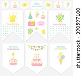 happy birthday flags and tags.... | Shutterstock .eps vector #390597100
