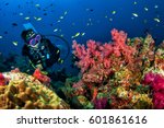 Young woman scuba diving on a beautiful soft coral reef in South Andaman, Thailand
