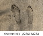 Two footmarks side by side: one imprint of bare human foot and another print of shoe in beach sand in Lanzarote, Canary islands. Footsteps of bare and shod feet on beach - different purposes of people