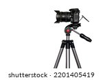 Digital camera with lens hood on tripod isolated on white background with copy space