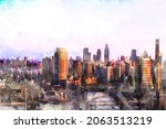 Sketch Painting Digital of Sunset waterfront downtown skyline with Tianjin high-rise building cityscape at Haihe riverside, Tianjin city, China
