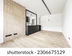 Small photo of Living room with white walls with a wooden mural and a kitchen furnished with a serving hatch and a sink with a black faucet