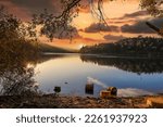 Small photo of a stunning shot of the sunset over Lake Gregory with green and autumn colored trees and large cuts of wood in the water with powerful clouds and trees reflecting off the lake in Crestline California