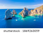 Aerial view of the Arch (El Arco) of Cabo San Lucas, Mexico, at the southernmost tip of the Baja California peninsula