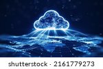 data transfer cloud computing technology concept. There is a large prominent cloud icon in the center with internal connections. and small icon on abstract world map polygon with dark blue background.