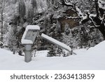 Small photo of Solang Nullah, Himachal Pradesh, India - March 14, 2020: A thick layer of snow on a hand pump presents a beautiful picture in a remote village after fresh snowfall