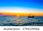 Sunset Sea Ship Silhouette View