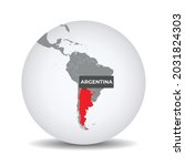 World globe map with the identication of Argentina. Map of Argentina. Argentina on grey political 3D globe. South america map. Vector stock.