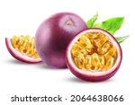 Small photo of Purple passion fruit whole, cut and wedged with unmixed pulp, isolated on white background.