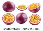 Small photo of Set of six ripe passion fruit, whole and pieces, isolated on a white background. A collection of cut and whole passion fruit with shiny tasty pulp.