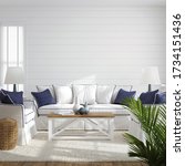 Hampton style living room interior background, empty wall mockup, 3d render