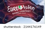 Small photo of Turin, Italy, January 2022: The flag of the Eurovision Song Contest 2022 logo waving in the wind. The 2022 edition will take place in Turin, Italy from 10 to 14 May