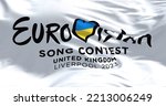 Small photo of Liverpool, UK, October 2022: The Flag of the Eurovision Song Contest 2023 flying. The 2023 edition will take place in Liverpool, UK, because Ukraine cannot organize the festival because of the war