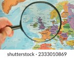 Small photo of geographical, cartography, geography, magnifying, magnifying glass, magnifier, zoom, magnify, loupe, travel, map, find, search, country, information, exploration, concept, zoom, focus