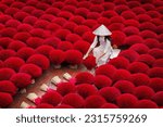 Small photo of Asian woman wearing ao dai dress with Incense sticks drying outdoor in Hanoi, Vietnam.