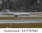 Small photo of Zurich, Switzerland, January 18, 2024 9H-VJM Vista Jet Bombardier Global 6000 aircraft is taxiing in the rain during the world economic forum in Davos