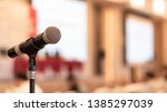 Microphone voice speaker in business seminar, speech presentation, town hall meeting, lecture hall or conference room in corporate or community event for host or public hearing