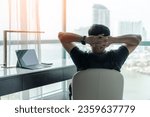 Small photo of Life-work balance and living life style concept of businessman relaxing, take it easy in hotel or office room resting with thoughtful mind thinking of lifestyle quality looking forward to city