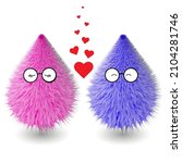 Cute hairy cartoons emoji design template. Furry fluffy hairy pink and blue monsters with hearts. Funny and realistic hairy cartoon design. Vector Illustration.
