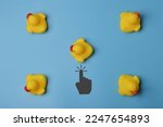 Toy ducks with hand pointing at the middle.Concept of job application, best candidate and staff recruitment