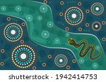 Landscape with snake in decorative ethnic style. Australia culture art  with river and serpent. Aboriginal style of dot painting. For flyer, poster, banner, placard, brochure.Stock vector illustration