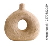 Small photo of Clay beige round pot isolated on background. Elegant piece of handmade furniture in a rustic style. Still life with ceramic rounded vase for interior design. Donut-shaped vase. Jug like a torus