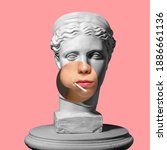 Small photo of Collage with plaster head model, statue and female portrait isolated on pink background. Negative space to insert your text. Modern design. Contemporary colorful and conceptual bright art collage.