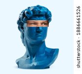 Small photo of Collage with David's head replica, statue and male portrait isolated on white background. Negative space to insert your text. Modern design. Contemporary colorful and conceptual bright art collage.
