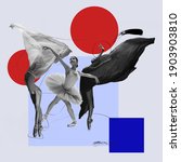 Small photo of Flying bird. Ballet dancers with flying cloth. Copyspace. Modern design. Contemporary art. Creative conceptual and colorful collage surrealism style. Geometry figures background, red and blue