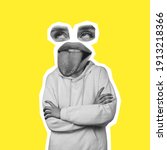 Small photo of Blah-blah. Bored female face headed body on yellow. Tongue sticking out. Modern design, contemporary art collage. Inspiration, idea, trendy urban magazine style. Negative space to insert your text or