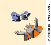 Small photo of Giant hands catching american football player in flight. Contemporary art collage, modern design. Aesthetic of hands. Trendy pastel colors. Copyspace for your ad or text. Surreal conceptual poster.