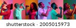 Small photo of Portraits of different models on multicolored background in neon light. Flyer, collage made of people with microphone. Concept of ad, emotions, sales, advertising. Musicians, singers, performers.