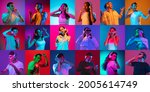 Small photo of Portraits of different models on multicolored background in neon light. Flyer, collage made of models. Concept of emotions, facial expression, sales, advertising. Musicians, performers, singers.