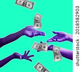 Small photo of Money, dollar, cash and human hands. Painted purple hands catching money on bright neon background, Concept of human relation, community, symbolism, surrealism. Buisness and profit