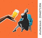 Small photo of Tempting offer. Contemporary art collage with young sitting on chair alone and drinking beer, wine. Concept of festival, national traditions, taste, drinks and holidays. Surrealism. Copy space for ad
