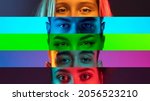 Small photo of Collage of close-up male and female eyes isolated on colored neon backgorund. Multicolored stripes. Concept of equality, unification of all nations, ages and interests. Diversity and human rights