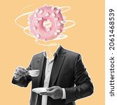 Small photo of Morning coffee makes things better. Man in business suit with glazed donut instead head Modern design, contemporary art collage. Inspiration, idea, ad, trendy urban magazine style. Goodie, sweets