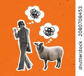 Small photo of Young woman walking with sheep isolated on orange background. Chaos in head. Modern design. Conceptual, contemporary art collage, magazine style. Surrealism, minimalism. Fool, silly