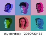 Multi ethnic youth. Set, collage of young male and female faces, heads with colored silhouette, shadow isolated on colored background. Human emotions, split personality, mental problems concept.