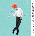Small photo of Yummy party. Contemporary art collage of man in official suit with lollipop head isolated over blue background. Sweet life. Concept of art, creativity, food, delivery service, taste and ad