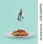 Small photo of Yummy dish. Contemporary art collage of funny man, in swimming hat diving into plate with pasta isolated over mint background. Concept of art, creativity, food, delivery service, taste and ad