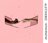 Small photo of Contemporary art collage of two hands sticking out laptop screen reaching out towards each other isolated over pink background. Concept of online communication, network. Copy space for ad