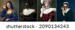 Small photo of Charm and flirt. Medieval people as a royalty persons in vintage clothing on dark background. Concept of comparison of eras, modernity and renaissance, baroque style. Creative collage. Flyer
