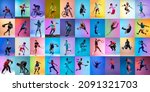 Judo, basketball, football, tennis, cycling, swimming and hockey. Set of images of different professional sportsmen, fit people in action, motion isolated on multicolor background in neon. Collage