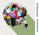 Small photo of Woman push a huge ball, lump of plastic garbage, trash. Environmental pollution. Humanity is mired in trash. Contemporary conceptual art collage. Idea, saving environment, ecology, eco